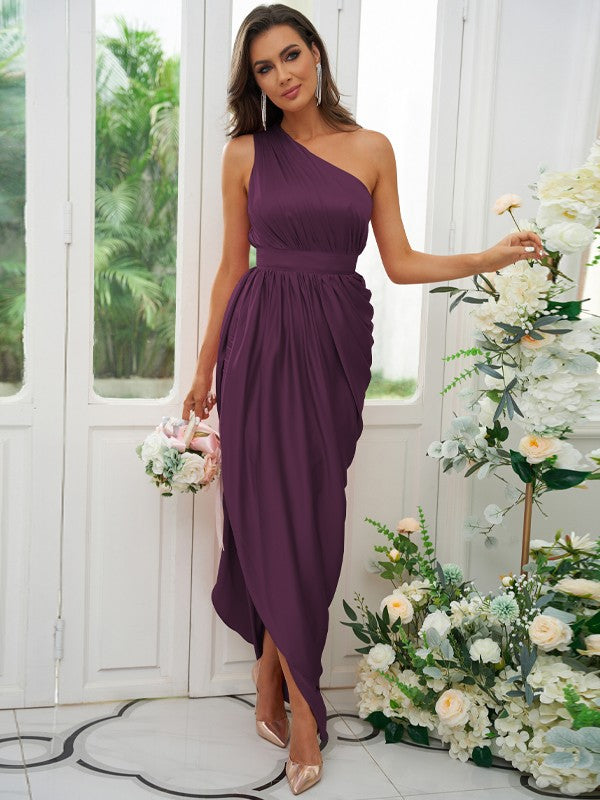 A-Line/Princess Ruffles One-Shoulder Sleeveless Ankle-Length Bridesmaid Dresses				 #BD18055BD0135