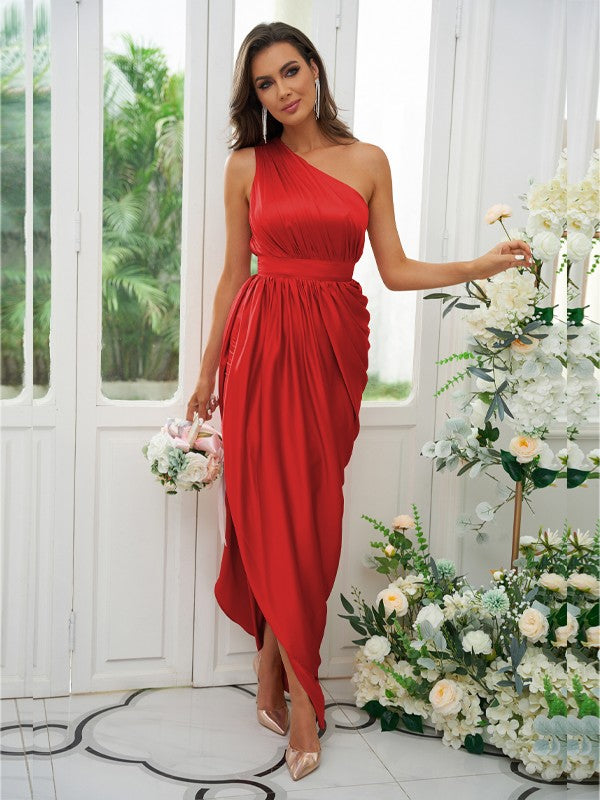 A-Line/Princess Ruffles One-Shoulder Sleeveless Ankle-Length Bridesmaid Dresses				 #BD18055BD0135