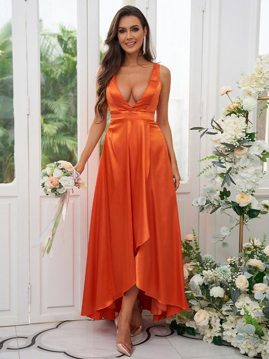 A-Line/Princess Silk like Satin Ruffles V-neck Sleeveless Ankle-Length Bridesmaid Dresses Prom Dress