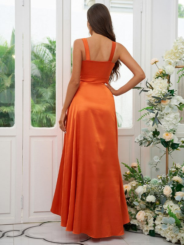 A-Line/Princess Silk like Satin Ruffles V-neck Sleeveless Ankle-Length Bridesmaid Dresses Prom Dress