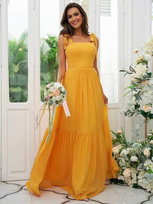 A-Line/Princess Chiffon Ruffles Straps Sleeveless Floor-Length Bridesmaid Dresses Evening Prom Dress
