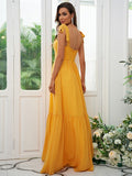 A-Line/Princess Chiffon Ruffles Straps Sleeveless Floor-Length Bridesmaid Dresses Evening Prom Dress