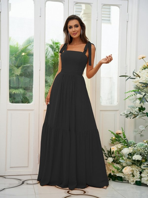 A-Line/Princess Chiffon Ruffles Straps Sleeveless Floor-Length Bridesmaid Dresses Evening Prom Dress
