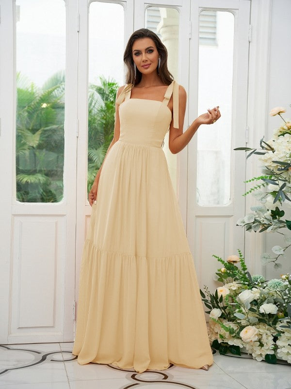 A-Line/Princess Chiffon Ruffles Straps Sleeveless Floor-Length Bridesmaid Dresses Evening Prom Dress