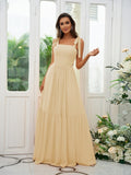 A-Line/Princess Chiffon Ruffles Straps Sleeveless Floor-Length Bridesmaid Dresses Evening Prom Dress