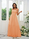 A-Line/Princess Chiffon Ruffles Straps Sleeveless Floor-Length Bridesmaid Dresses Evening Prom Dress