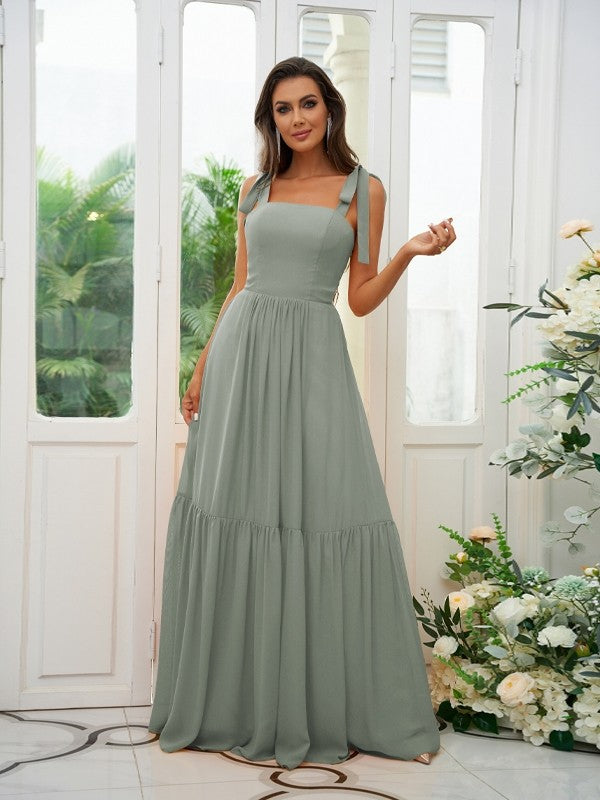 A-Line/Princess Chiffon Ruffles Straps Sleeveless Floor-Length Bridesmaid Dresses Evening Prom Dress