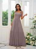 A-Line/Princess Chiffon Ruffles Straps Sleeveless Floor-Length Bridesmaid Dresses Evening Prom Dress