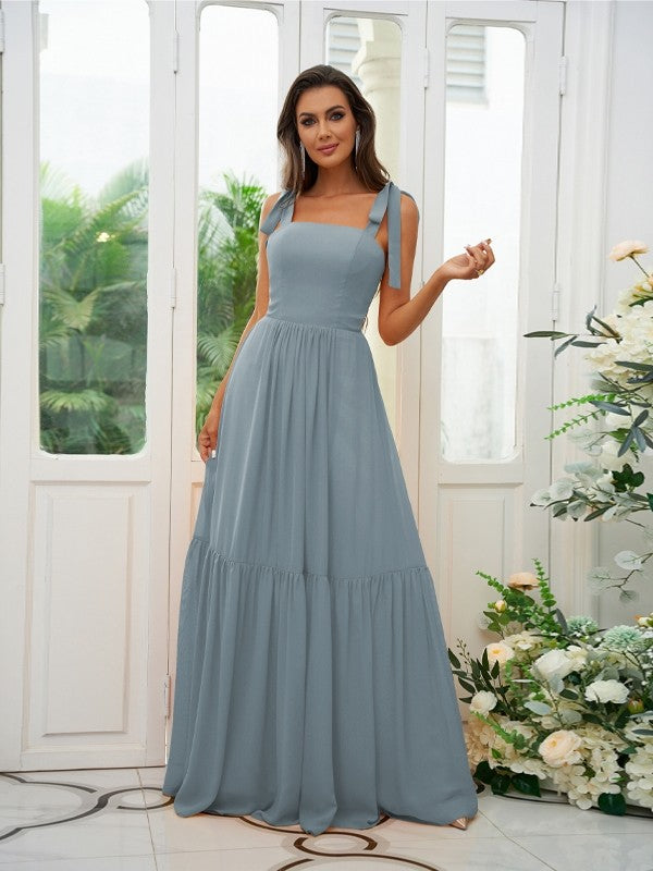 A-Line/Princess Chiffon Ruffles Straps Sleeveless Floor-Length Bridesmaid Dresses Evening Prom Dress