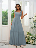 A-Line/Princess Chiffon Ruffles Straps Sleeveless Floor-Length Bridesmaid Dresses Evening Prom Dress