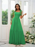 A-Line/Princess Chiffon Ruffles Straps Sleeveless Floor-Length Bridesmaid Dresses Evening Prom Dress