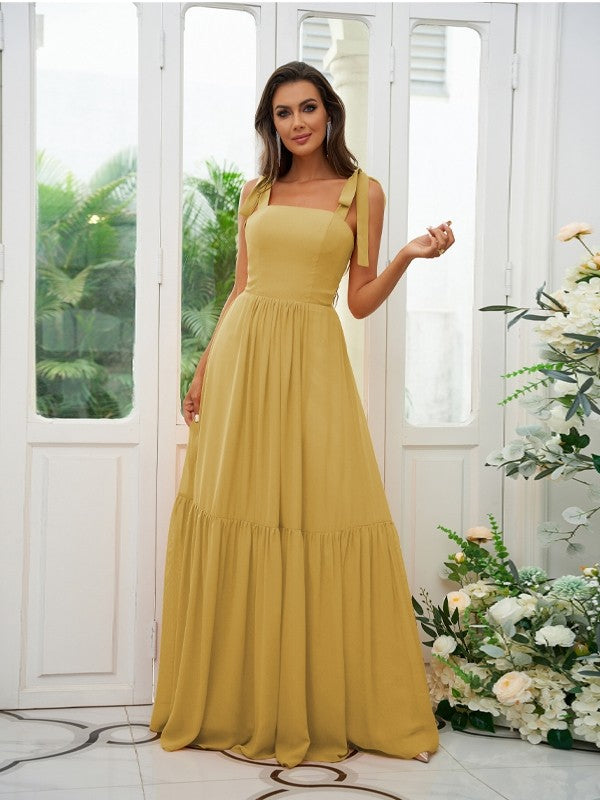 A-Line/Princess Chiffon Ruffles Straps Sleeveless Floor-Length Bridesmaid Dresses Evening Prom Dress