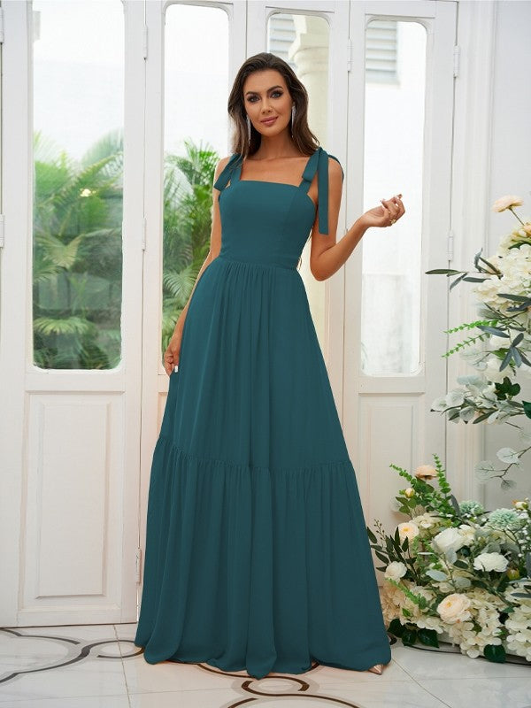 A-Line/Princess Chiffon Ruffles Straps Sleeveless Floor-Length Bridesmaid Dresses Evening Prom Dress