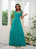 A-Line/Princess Chiffon Ruffles Straps Sleeveless Floor-Length Bridesmaid Dresses Evening Prom Dress