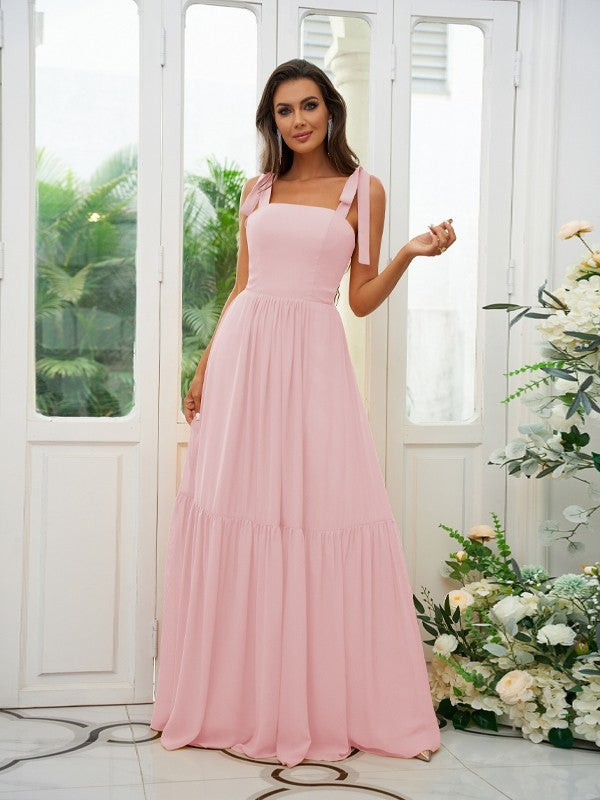 A-Line/Princess Chiffon Ruffles Straps Sleeveless Floor-Length Bridesmaid Dresses Evening Prom Dress