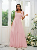 A-Line/Princess Chiffon Ruffles Straps Sleeveless Floor-Length Bridesmaid Dresses Evening Prom Dress