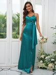 A-Line/Princess Silk like Satin Ruched Spaghetti Straps Sleeveless Floor-Length Bridesmaid Dresses Evening Dress