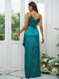 A-Line/Princess Silk like Satin Ruched Spaghetti Straps Sleeveless Floor-Length Bridesmaid Dresses Evening Dress