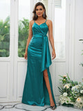 A-Line/Princess Silk like Satin Ruched Spaghetti Straps Sleeveless Floor-Length Bridesmaid Dresses Evening Dress