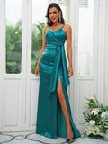A-Line/Princess Silk like Satin Ruched Spaghetti Straps Sleeveless Floor-Length Bridesmaid Dresses Evening Dress