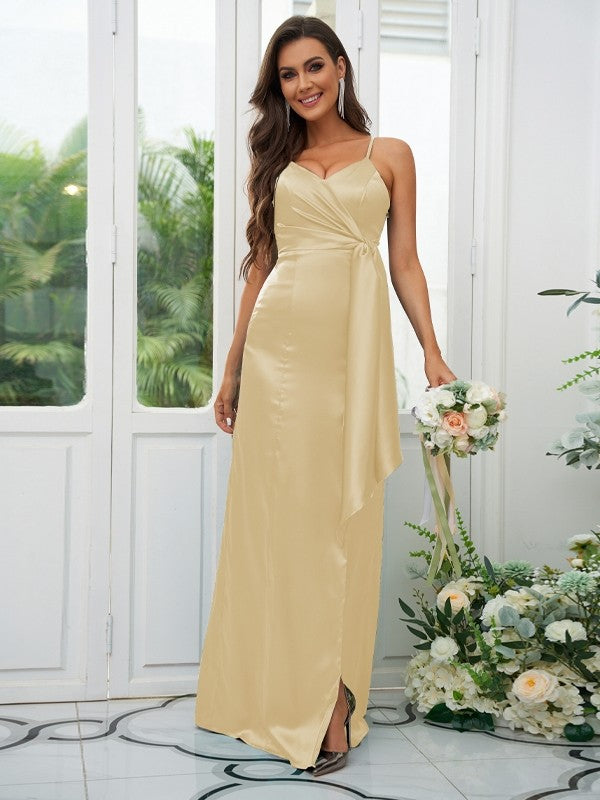 A-Line/Princess Silk like Satin Ruched Spaghetti Straps Sleeveless Floor-Length Bridesmaid Dresses Evening Dress