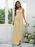 A-Line/Princess Silk like Satin Ruched Spaghetti Straps Sleeveless Floor-Length Bridesmaid Dresses Evening Dress