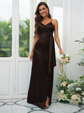 A-Line/Princess Silk like Satin Ruched Spaghetti Straps Sleeveless Floor-Length Bridesmaid Dresses Evening Dress