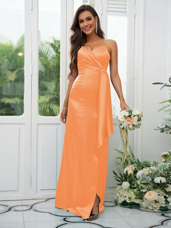 A-Line/Princess Silk like Satin Ruched Spaghetti Straps Sleeveless Floor-Length Bridesmaid Dresses Evening Dress