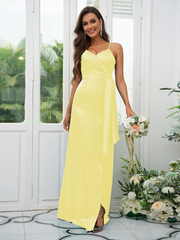 A-Line/Princess Silk like Satin Ruched Spaghetti Straps Sleeveless Floor-Length Bridesmaid Dresses Evening Dress