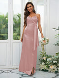 A-Line/Princess Silk like Satin Ruched Spaghetti Straps Sleeveless Floor-Length Bridesmaid Dresses Evening Dress