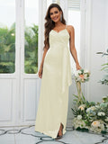 A-Line/Princess Silk like Satin Ruched Spaghetti Straps Sleeveless Floor-Length Bridesmaid Dresses Evening Dress