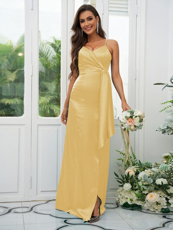 A-Line/Princess Silk like Satin Ruched Spaghetti Straps Sleeveless Floor-Length Bridesmaid Dresses Evening Dress