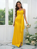 A-Line/Princess Silk like Satin Ruched Spaghetti Straps Sleeveless Floor-Length Bridesmaid Dresses Evening Dress