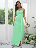 A-Line/Princess Silk like Satin Ruched Spaghetti Straps Sleeveless Floor-Length Bridesmaid Dresses Evening Dress
