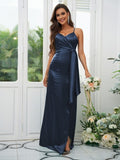 A-Line/Princess Silk like Satin Ruched Spaghetti Straps Sleeveless Floor-Length Bridesmaid Dresses Evening Dress
