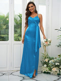 A-Line/Princess Silk like Satin Ruched Spaghetti Straps Sleeveless Floor-Length Bridesmaid Dresses Evening Dress