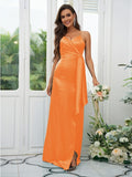 A-Line/Princess Silk like Satin Ruched Spaghetti Straps Sleeveless Floor-Length Bridesmaid Dresses Evening Dress