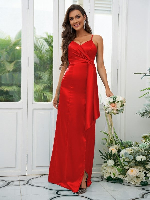A-Line/Princess Silk like Satin Ruched Spaghetti Straps Sleeveless Floor-Length Bridesmaid Dresses Evening Dress