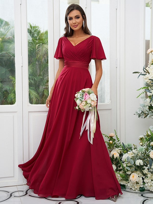 A-Line/Princess Chiffon Ruched V-neck Short Sleeves Sweep/Brush Train Bridesmaid Dresses Evening Dress