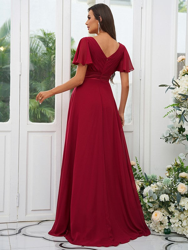 A-Line/Princess Chiffon Ruched V-neck Short Sleeves Sweep/Brush Train Bridesmaid Dresses Evening Dress