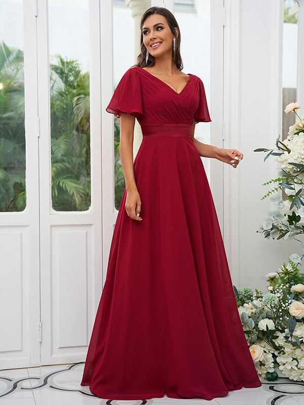 A-Line/Princess Chiffon Ruched V-neck Short Sleeves Sweep/Brush Train Bridesmaid Dresses Evening Dress