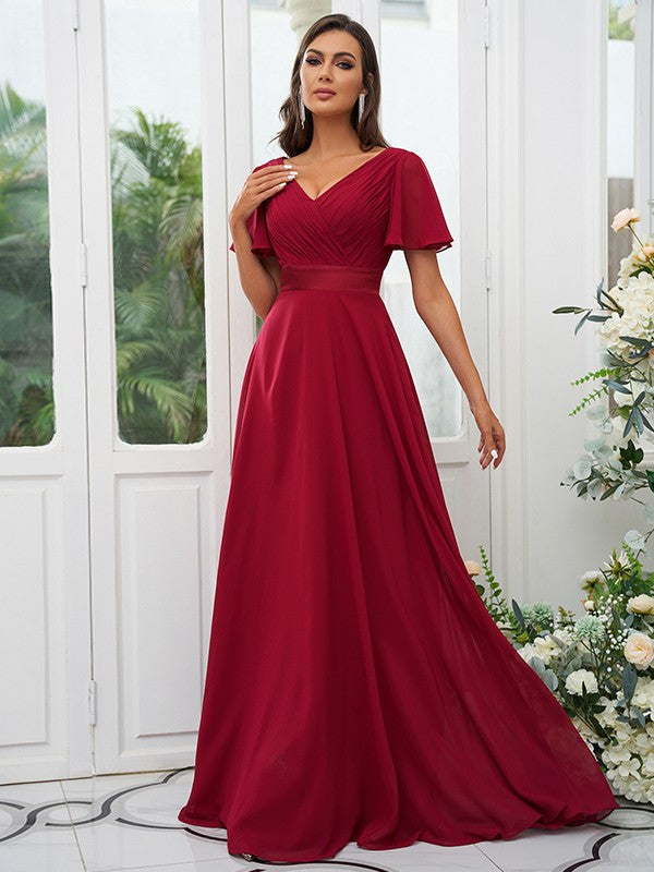 A-Line/Princess Chiffon Ruched V-neck Short Sleeves Sweep/Brush Train Bridesmaid Dresses Evening Dress