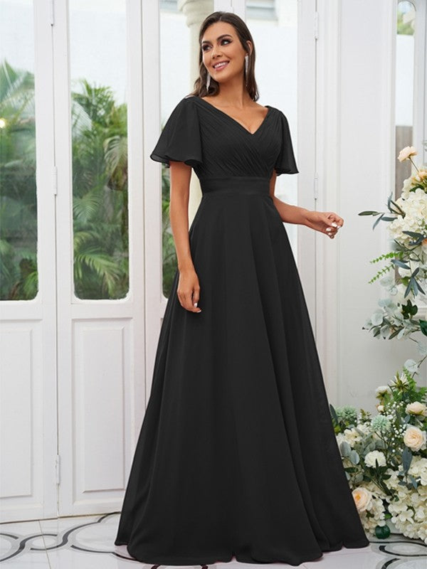 A-Line/Princess Chiffon Ruched V-neck Short Sleeves Sweep/Brush Train Bridesmaid Dresses Evening Dress