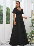 A-Line/Princess Chiffon Ruched V-neck Short Sleeves Sweep/Brush Train Bridesmaid Dresses Evening Dress