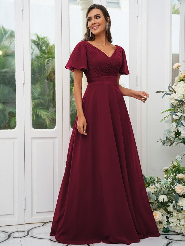 A-Line/Princess Chiffon Ruched V-neck Short Sleeves Sweep/Brush Train Bridesmaid Dresses Evening Dress