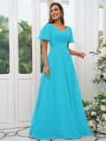 A-Line/Princess Chiffon Ruched V-neck Short Sleeves Sweep/Brush Train Bridesmaid Dresses Evening Dress