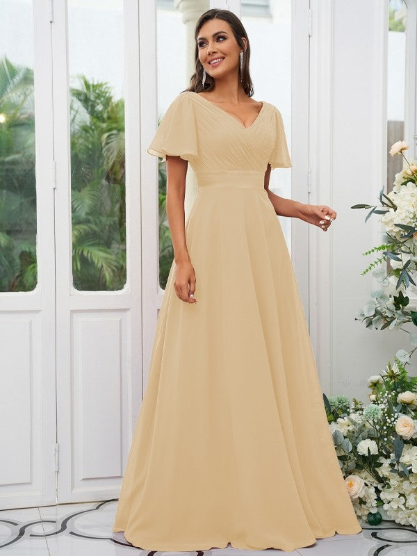 A-Line/Princess Chiffon Ruched V-neck Short Sleeves Sweep/Brush Train Bridesmaid Dresses Evening Dress
