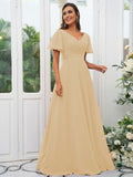 A-Line/Princess Chiffon Ruched V-neck Short Sleeves Sweep/Brush Train Bridesmaid Dresses Evening Dress