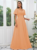 A-Line/Princess Chiffon Ruched V-neck Short Sleeves Sweep/Brush Train Bridesmaid Dresses Evening Dress