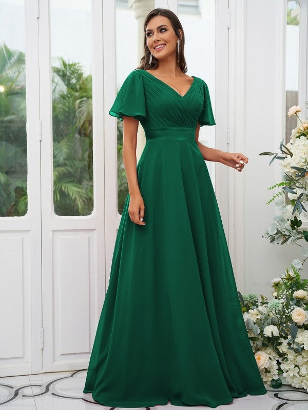 A-Line/Princess Chiffon Ruched V-neck Short Sleeves Sweep/Brush Train Bridesmaid Dresses Evening Dress